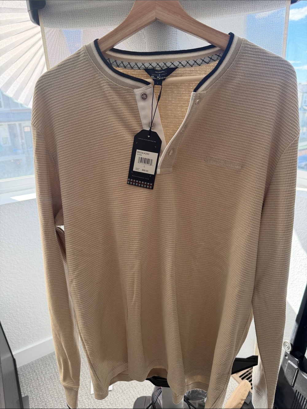Ben Sherman Cream Waffle-Knit Long Sleeve Henley with Navy Trim